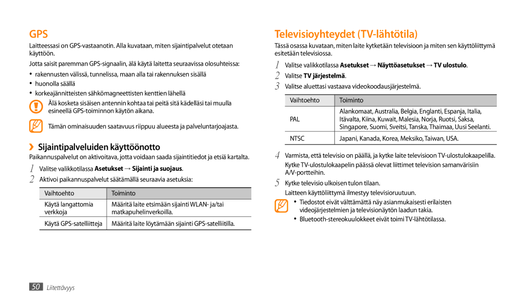 Samsung GT-P1000CWANEE, GT-P1000MSANEE manual Televisioyhteydet TV-lähtötila, ››Sijaintipalveluiden käyttöönotto 