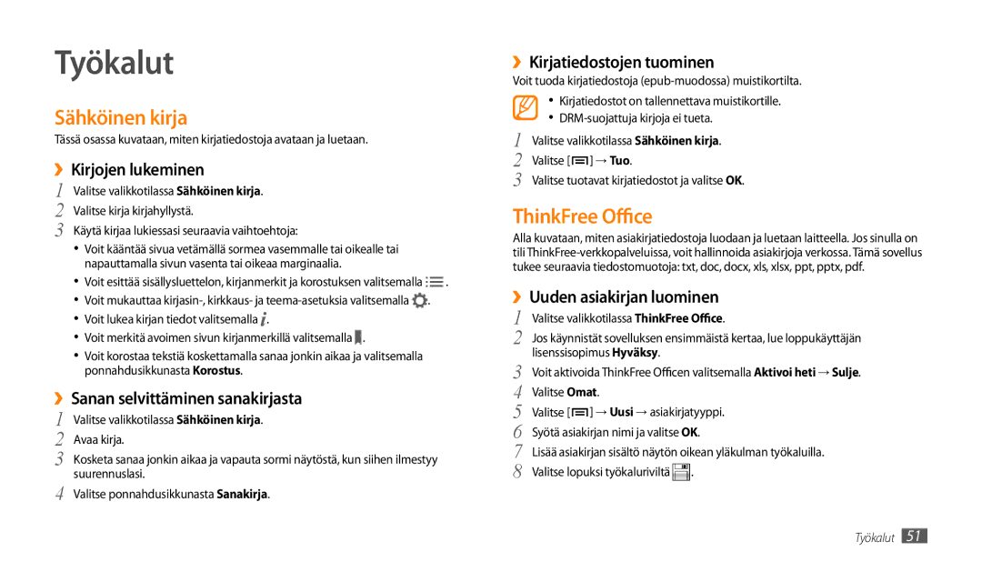 Samsung GT-P1000MSANEE, GT-P1000CWANEE manual Työkalut, Sähköinen kirja, ThinkFree Office 