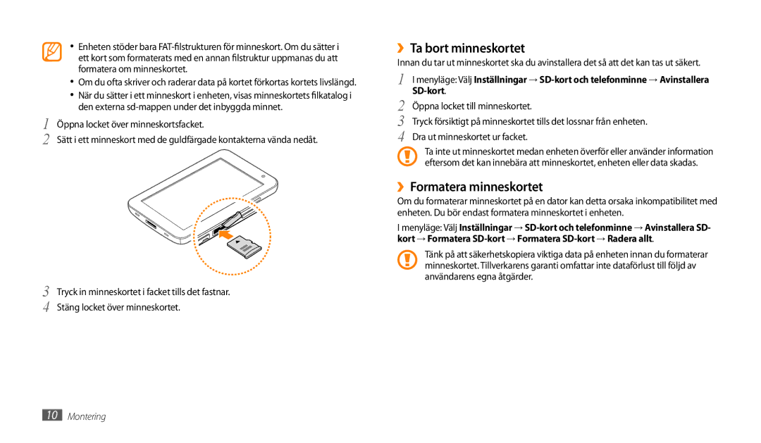 Samsung GT-P1000CWANEE manual ››Ta bort minneskortet, ››Formatera minneskortet, SD-kort, Öppna locket till minneskortet 