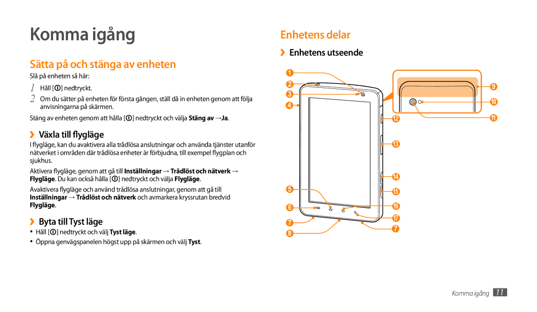 Samsung GT-P1000MSANEE manual Komma igång, Sätta på och stänga av enheten, ››Växla till flygläge, ››Byta till Tyst läge 