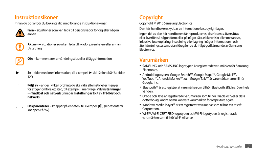 Samsung GT-P1000MSANEE, GT-P1000CWANEE manual Instruktionsikoner, Copyright, Varumärken, Knappen På/Av 