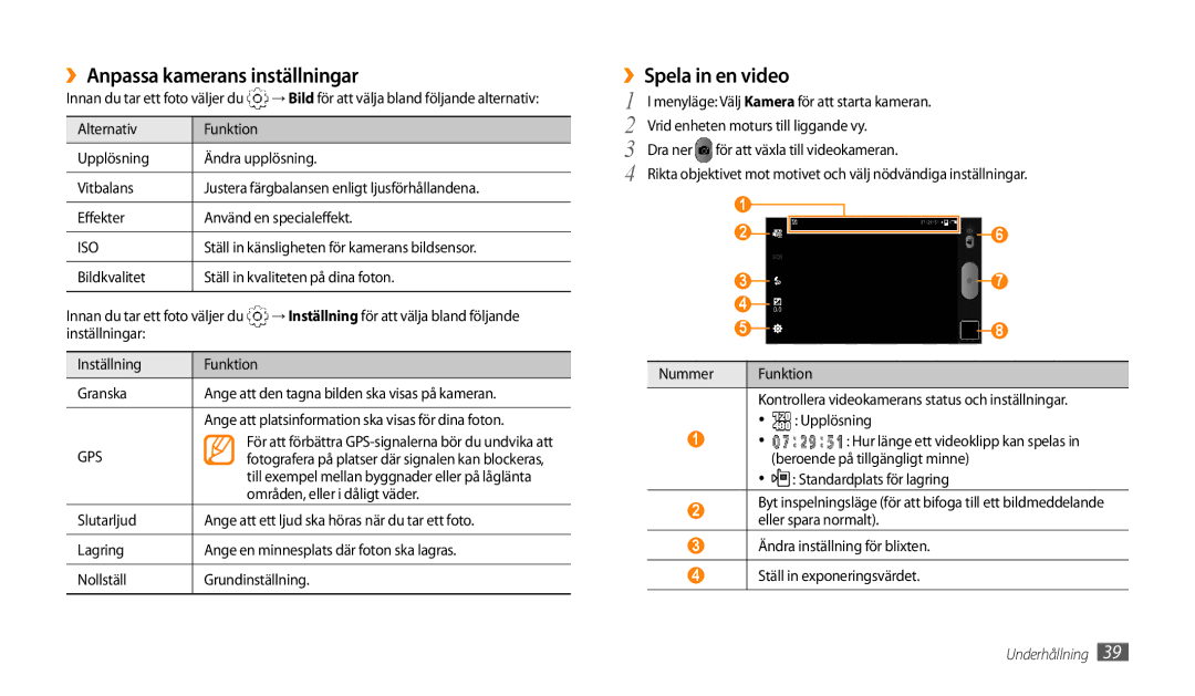 Samsung GT-P1000MSANEE manual ››Anpassa kamerans inställningar, ››Spela in en video, Områden, eller i dåligt väder 