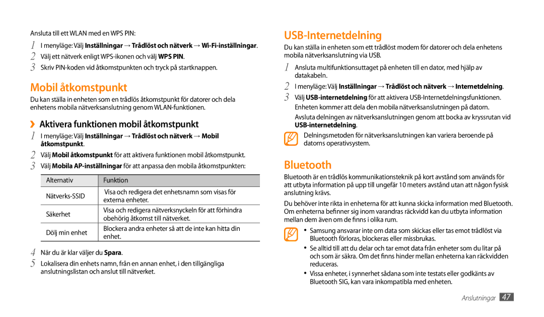 Samsung GT-P1000MSANEE manual Mobil åtkomstpunkt, USB-Internetdelning, Bluetooth, ››Aktivera funktionen mobil åtkomstpunkt 