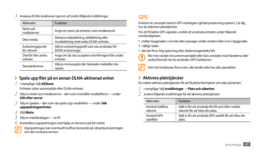 Samsung GT-P1000MSANEE, GT-P1000CWANEE manual På en annan DLNA-aktiverad enhet, ››Aktivera platstjänster, ››Spela upp filer 