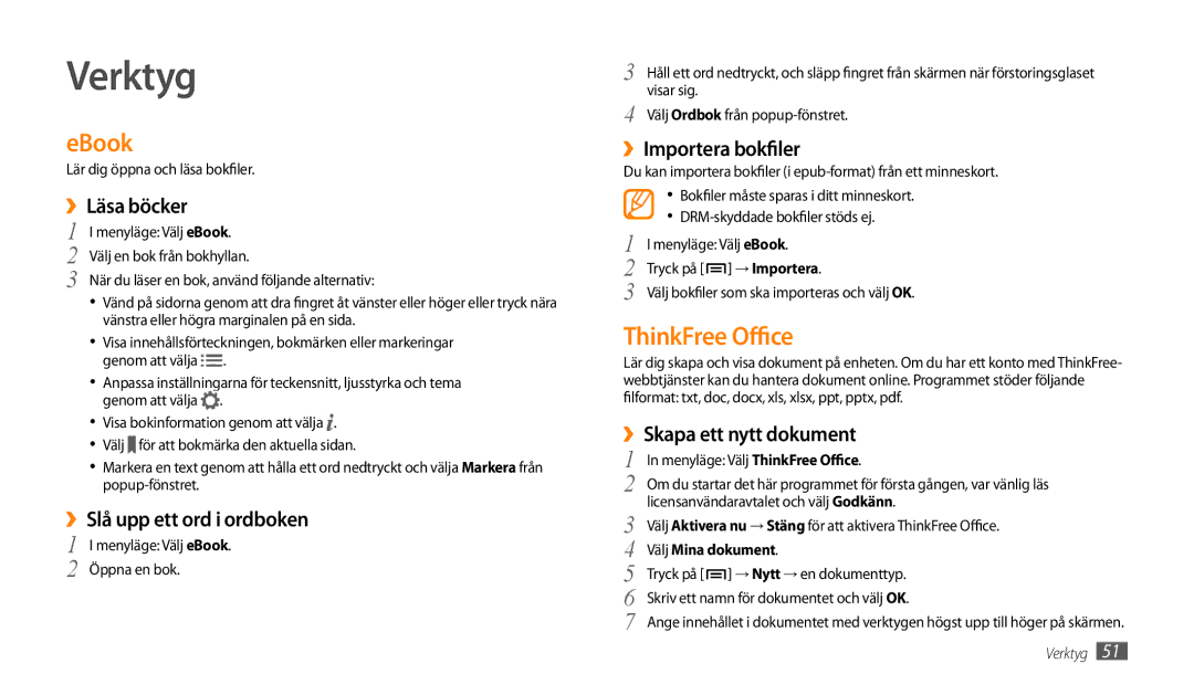 Samsung GT-P1000MSANEE, GT-P1000CWANEE manual Verktyg, EBook, ThinkFree Office 