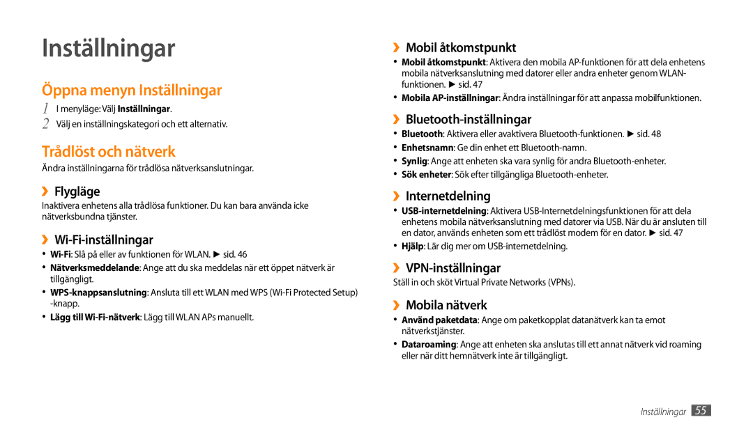 Samsung GT-P1000MSANEE, GT-P1000CWANEE manual Öppna menyn Inställningar, Trådlöst och nätverk 