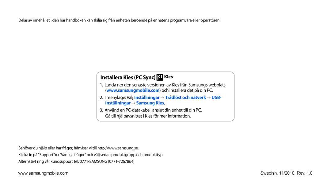 Samsung GT-P1000CWANEE, GT-P1000MSANEE manual Installera Kies PC Sync 