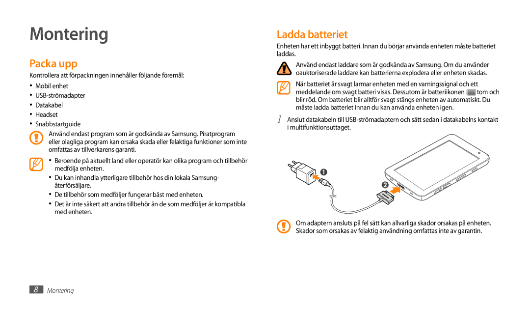 Samsung GT-P1000CWANEE, GT-P1000MSANEE manual Montering, Packa upp, Ladda batteriet 