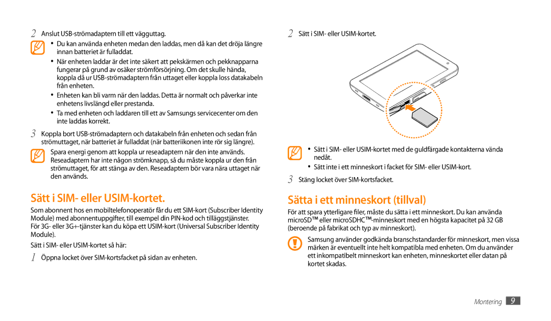 Samsung GT-P1000MSANEE, GT-P1000CWANEE manual Sätt i SIM- eller USIM-kortet, Sätta i ett minneskort tillval 