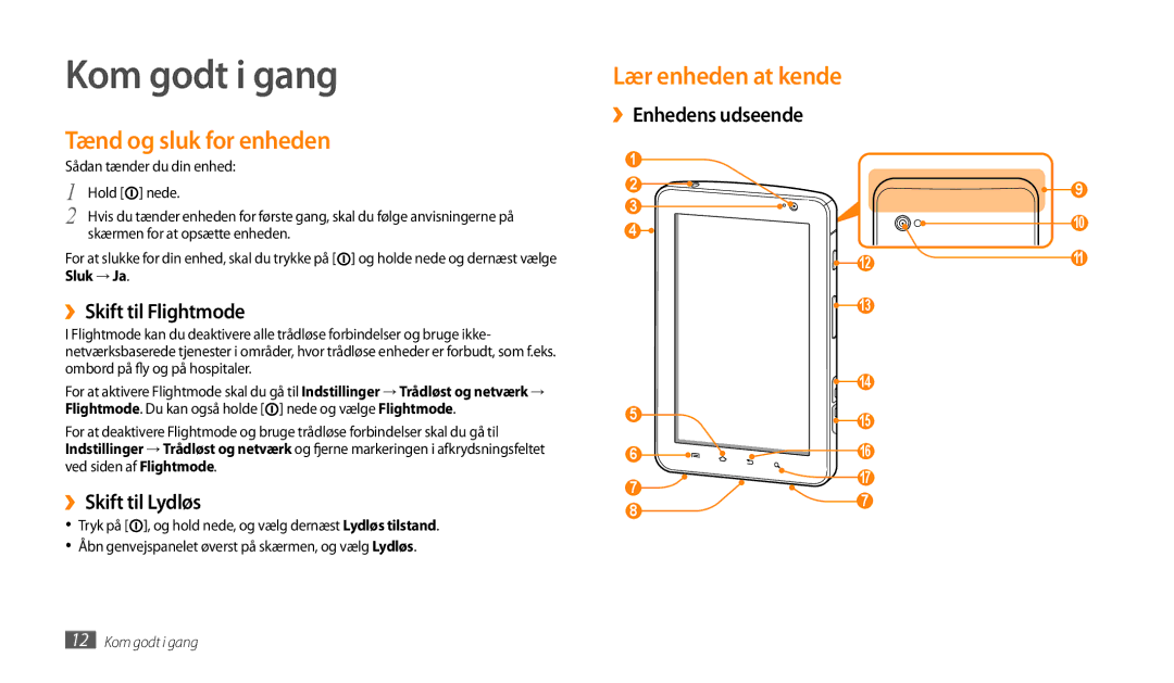 Samsung GT-P1000CWANEE manual Kom godt i gang, Tænd og sluk for enheden, ››Skift til Flightmode, ››Skift til Lydløs 
