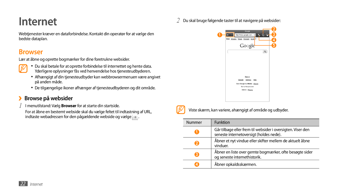 Samsung GT-P1000CWANEE manual Internet, ››Browse på websider, Menutilstand Vælg Browser for at starte din startside 