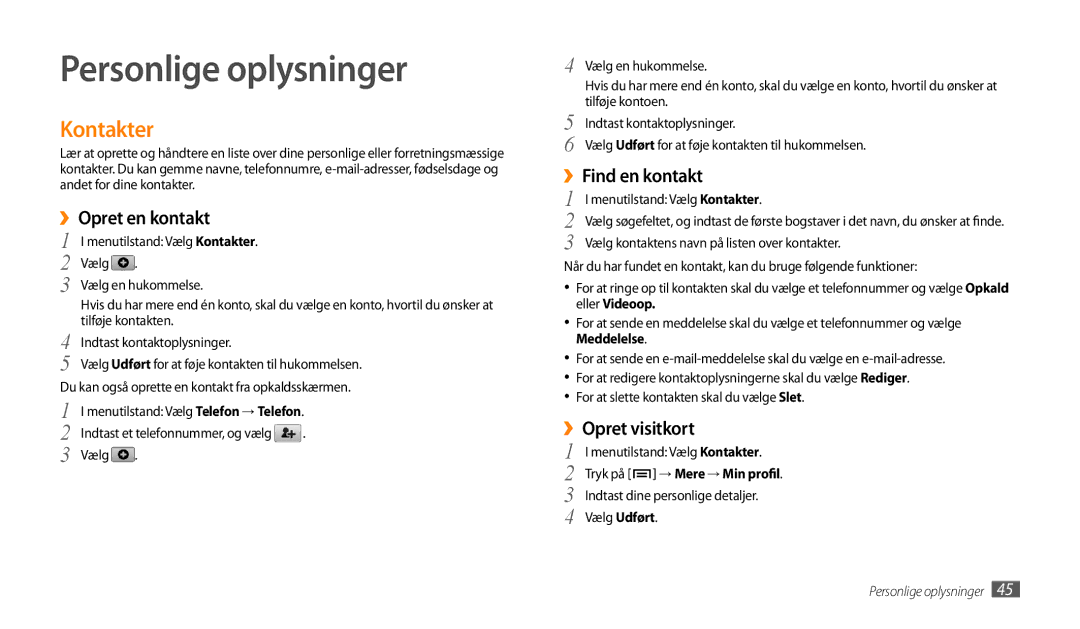 Samsung GT-P1000MSANEE manual Personlige oplysninger, Kontakter, ››Opret en kontakt, ››Find en kontakt, ››Opret visitkort 