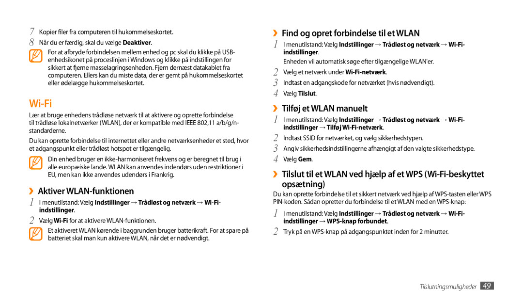 Samsung GT-P1000MSANEE Wi-Fi, ››Aktiver WLAN-funktionen, ››Find og opret forbindelse til et Wlan, ››Tilføj et Wlan manuelt 