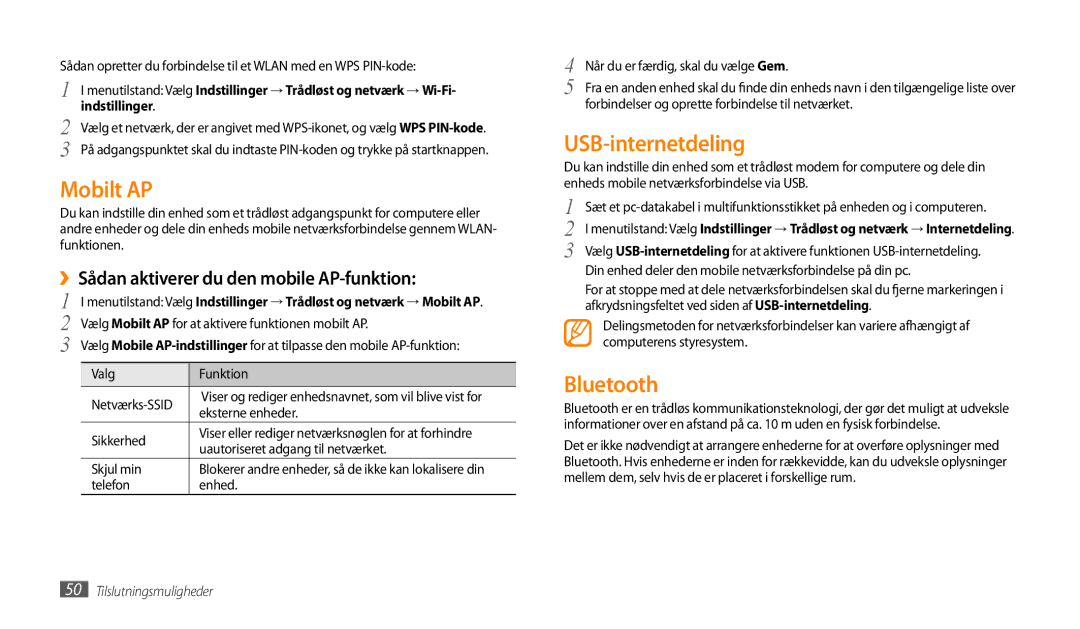 Samsung GT-P1000CWANEE manual Mobilt AP, USB-internetdeling, Bluetooth, ››Sådan aktiverer du den mobile AP-funktion 