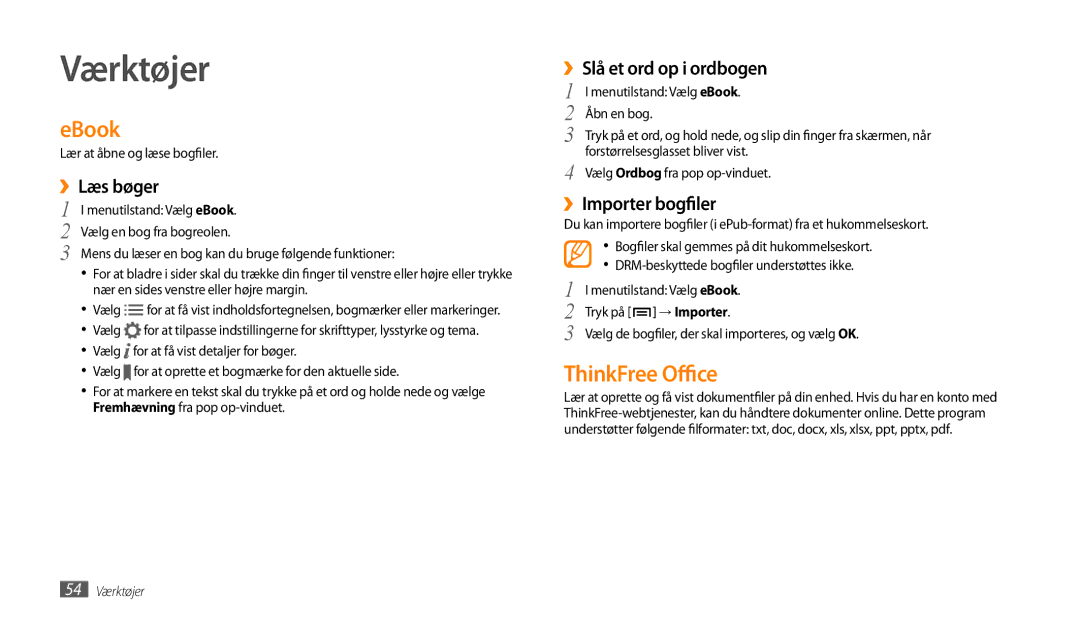 Samsung GT-P1000CWANEE, GT-P1000MSANEE manual Værktøjer, EBook, ThinkFree Office 