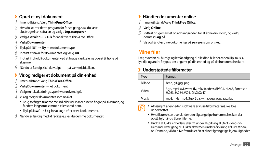 Samsung GT-P1000MSANEE, GT-P1000CWANEE manual Mine filer, ››Opret et nyt dokument, ››Vis og rediger et dokument på din enhed 