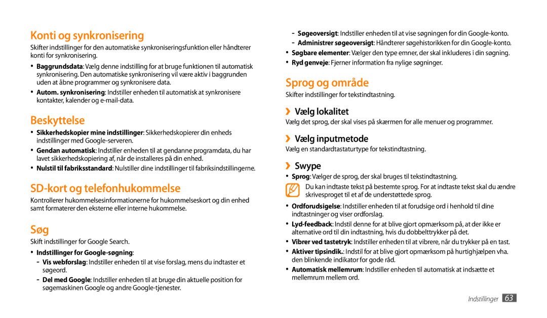 Samsung GT-P1000MSANEE manual Konti og synkronisering, Beskyttelse, SD-kort og telefonhukommelse, Søg, Sprog og område 