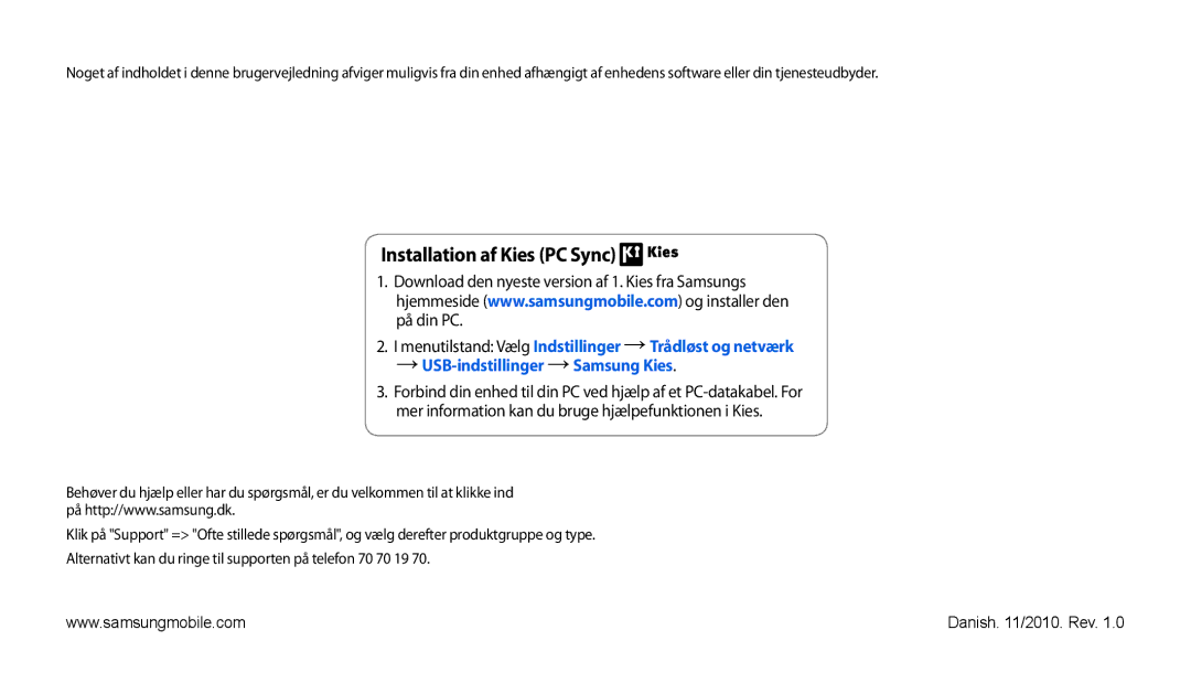 Samsung GT-P1000MSANEE, GT-P1000CWANEE manual Installation af Kies PC Sync 