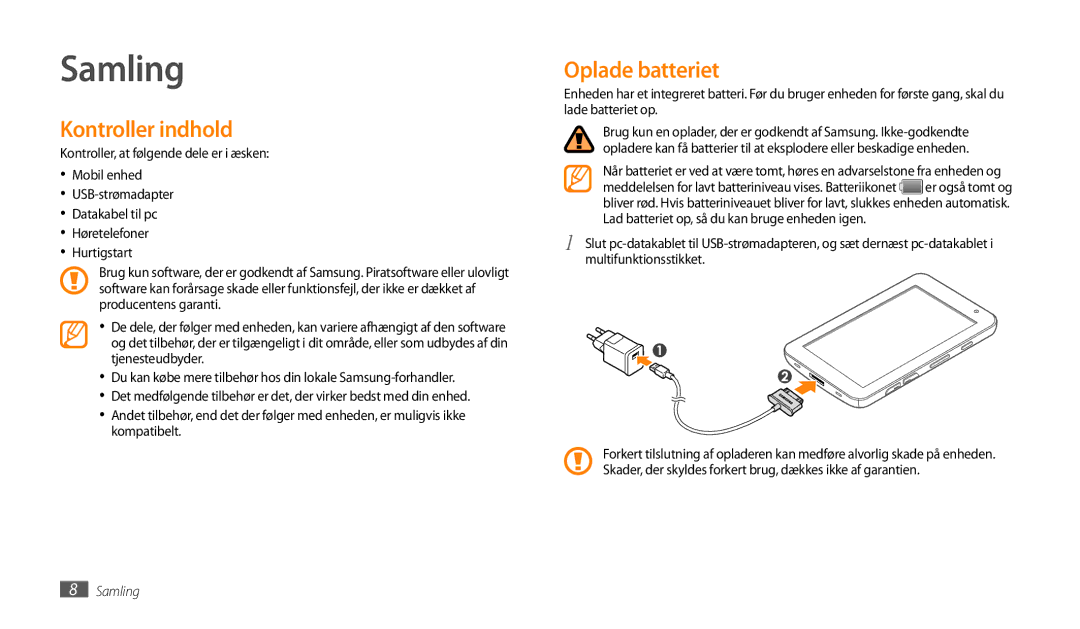 Samsung GT-P1000CWANEE, GT-P1000MSANEE manual Samling, Kontroller indhold, Oplade batteriet 