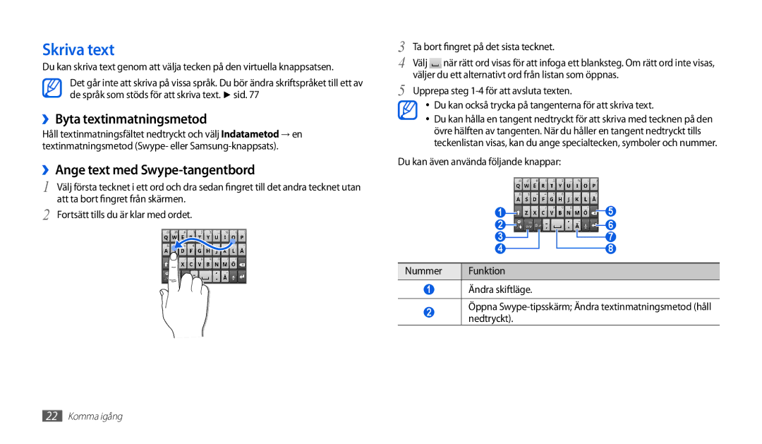 Samsung GT-P1000CWANEE, GT-P1000MSANEE manual Skriva text, ››Byta textinmatningsmetod, ››Ange text med Swype-tangentbord 