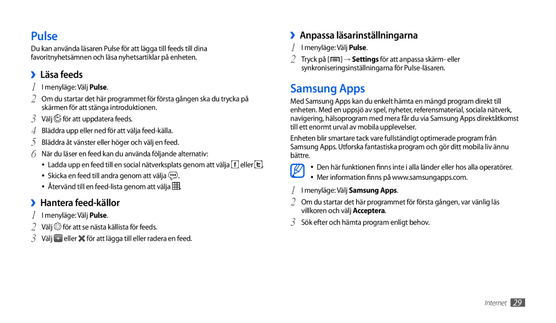 Samsung GT-P1000MSANEE manual Pulse, Samsung Apps, ››Läsa feeds, ››Hantera feed-källor, ››Anpassa läsarinställningarna 