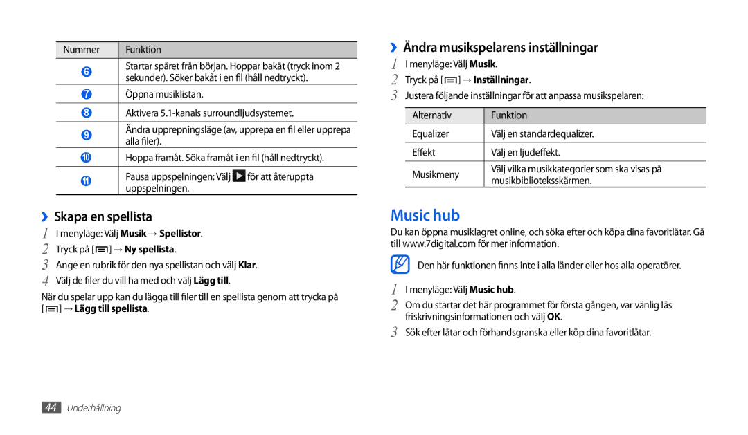 Samsung GT-P1000CWANEE manual Music hub, ››Skapa en spellista, ››Ändra musikspelarens inställningar, → Inställningar 