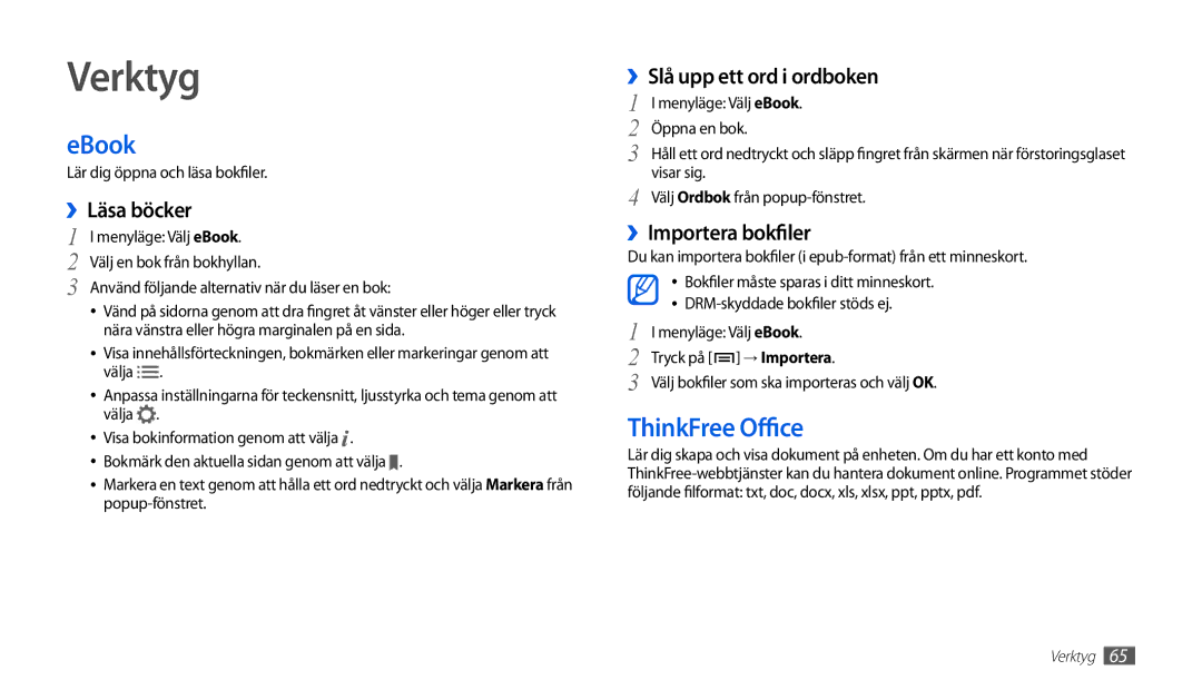Samsung GT-P1000MSANEE, GT-P1000CWANEE manual Verktyg, EBook, ThinkFree Office 