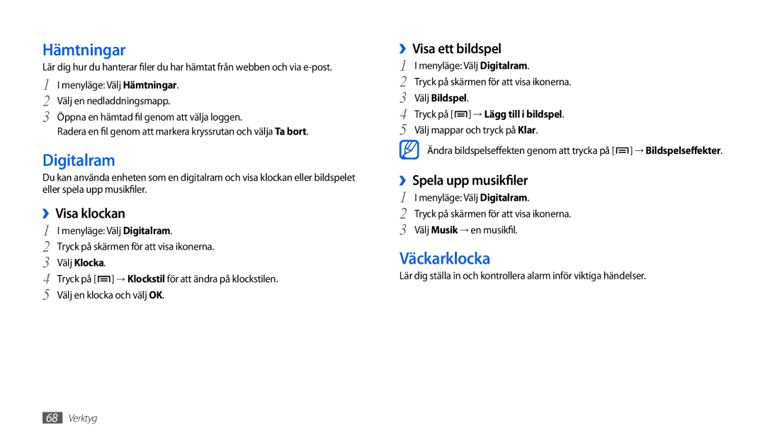 Samsung GT-P1000CWANEE, GT-P1000MSANEE manual Hämtningar, Digitalram, Väckarklocka 