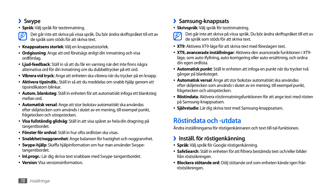 Samsung GT-P1000CWANEE manual Röstindata och -utdata, ››Swype, ››Samsung-knappsats, ››Inställ. för röstigenkänning 