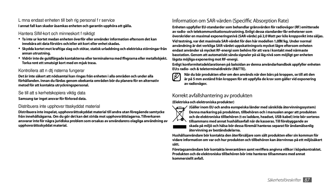 Samsung GT-P1000MSANEE, GT-P1000CWANEE manual Information om SAR-värden Specific Absorption Rate 