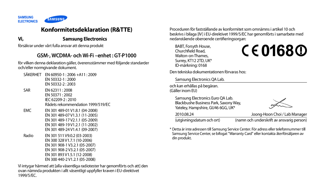 Samsung GT-P1000CWANEE, GT-P1000MSANEE manual Konformitetsdeklaration R&TTE 