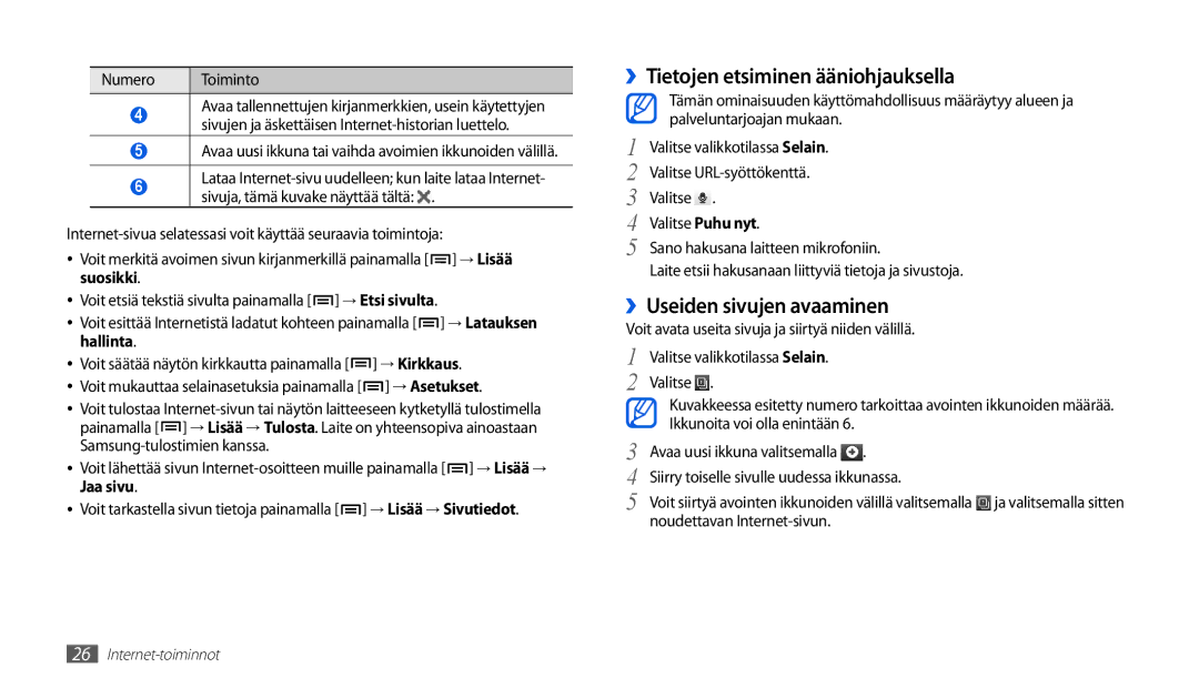 Samsung GT-P1000CWANEE, GT-P1000MSANEE manual ››Tietojen etsiminen ääniohjauksella, ››Useiden sivujen avaaminen 