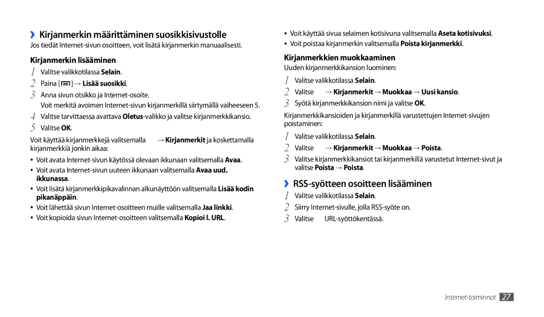 Samsung GT-P1000MSANEE manual ››Kirjanmerkin määrittäminen suosikkisivustolle, ››RSS-syötteen osoitteen lisääminen 