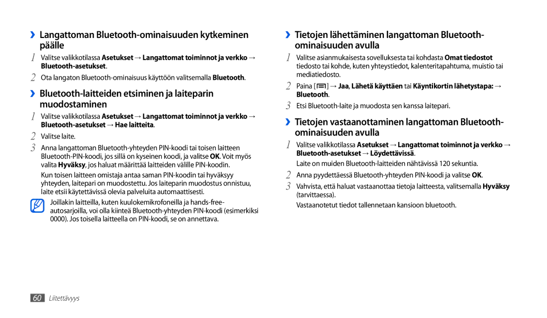 Samsung GT-P1000CWANEE, GT-P1000MSANEE manual ››Langattoman Bluetooth-ominaisuuden kytkeminen päälle, Muodostaminen 