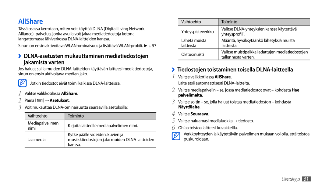 Samsung GT-P1000MSANEE manual AllShare, ››Tiedostojen toistaminen toisella DLNA-laitteella, Palvelimelta, Näyttölaite 