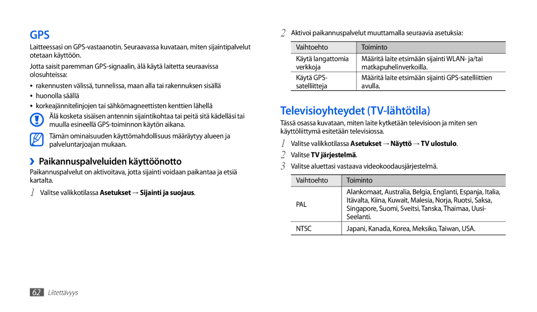 Samsung GT-P1000CWANEE manual Televisioyhteydet TV-lähtötila, ››Paikannuspalveluiden käyttöönotto, Valitse TV järjestelmä 