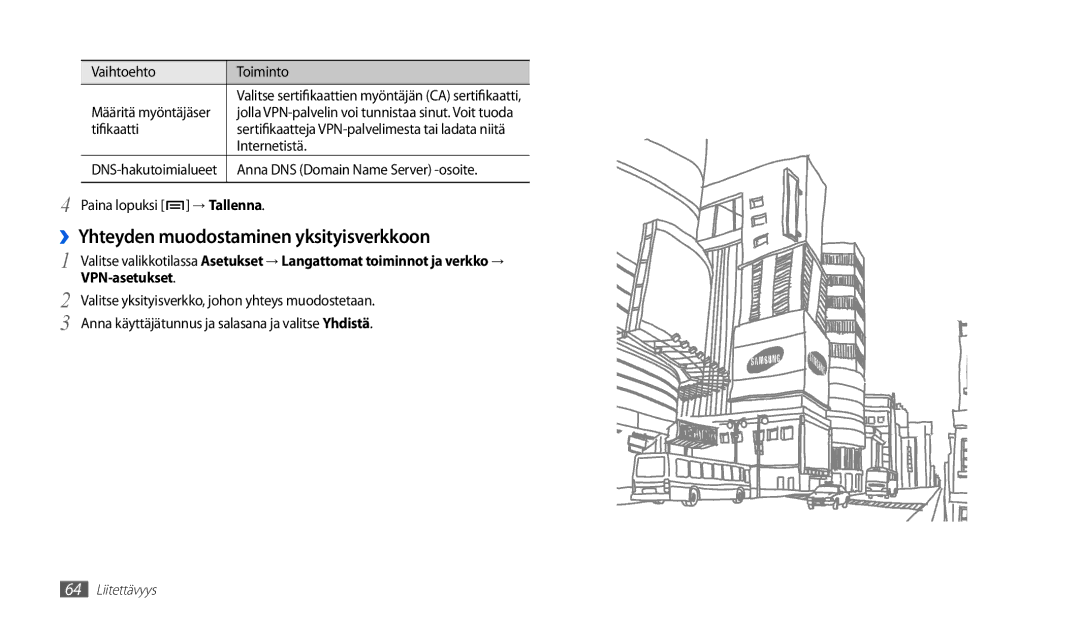 Samsung GT-P1000CWANEE, GT-P1000MSANEE manual ››Yhteyden muodostaminen yksityisverkkoon, VPN-asetukset 