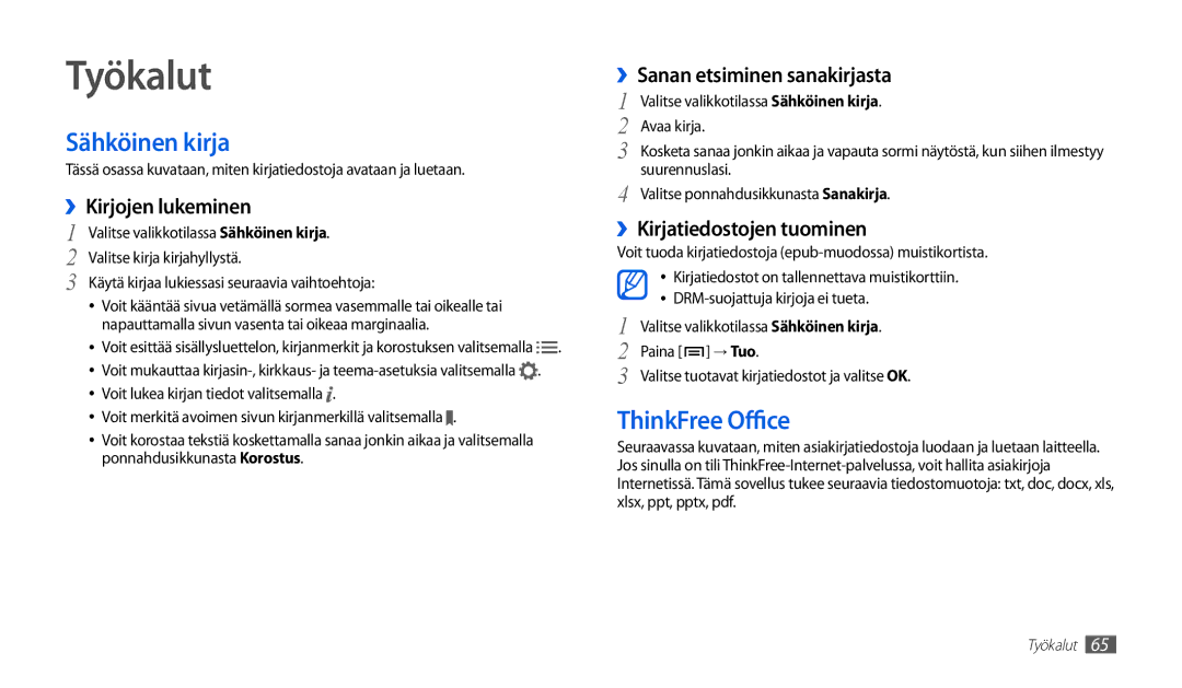 Samsung GT-P1000MSANEE, GT-P1000CWANEE manual Työkalut, Sähköinen kirja, ThinkFree Office 