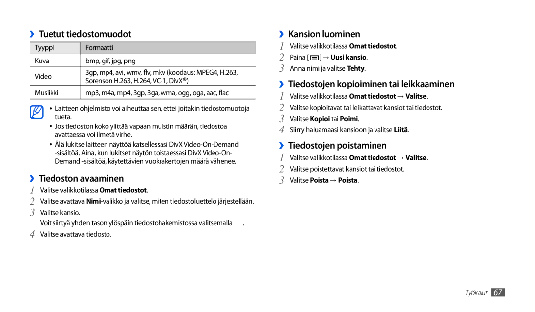 Samsung GT-P1000MSANEE, GT-P1000CWANEE manual ››Tuetut tiedostomuodot, ››Tiedoston avaaminen, ››Kansion luominen 