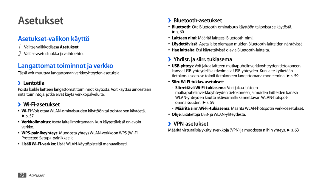 Samsung GT-P1000CWANEE, GT-P1000MSANEE manual Asetukset-valikon käyttö, Langattomat toiminnot ja verkko 