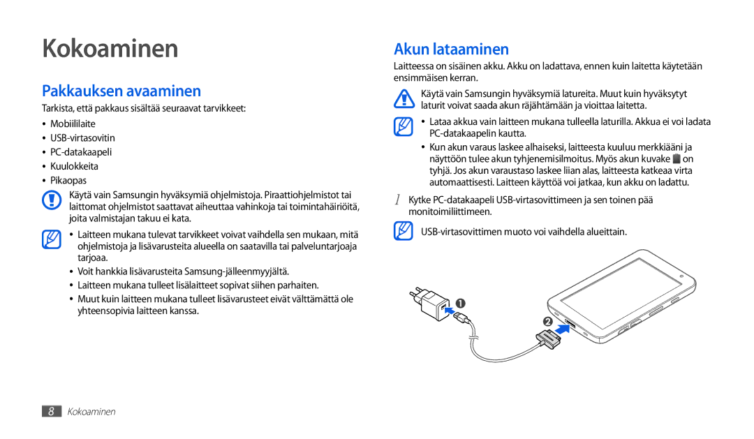 Samsung GT-P1000CWANEE, GT-P1000MSANEE manual Kokoaminen, Pakkauksen avaaminen, Akun lataaminen 