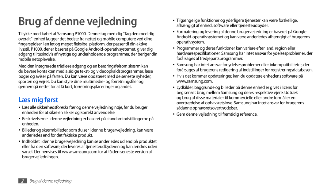 Samsung GT-P1000CWANEE manual Brug af denne vejledning, Læs mig først, Gem denne vejledning til fremtidig reference 