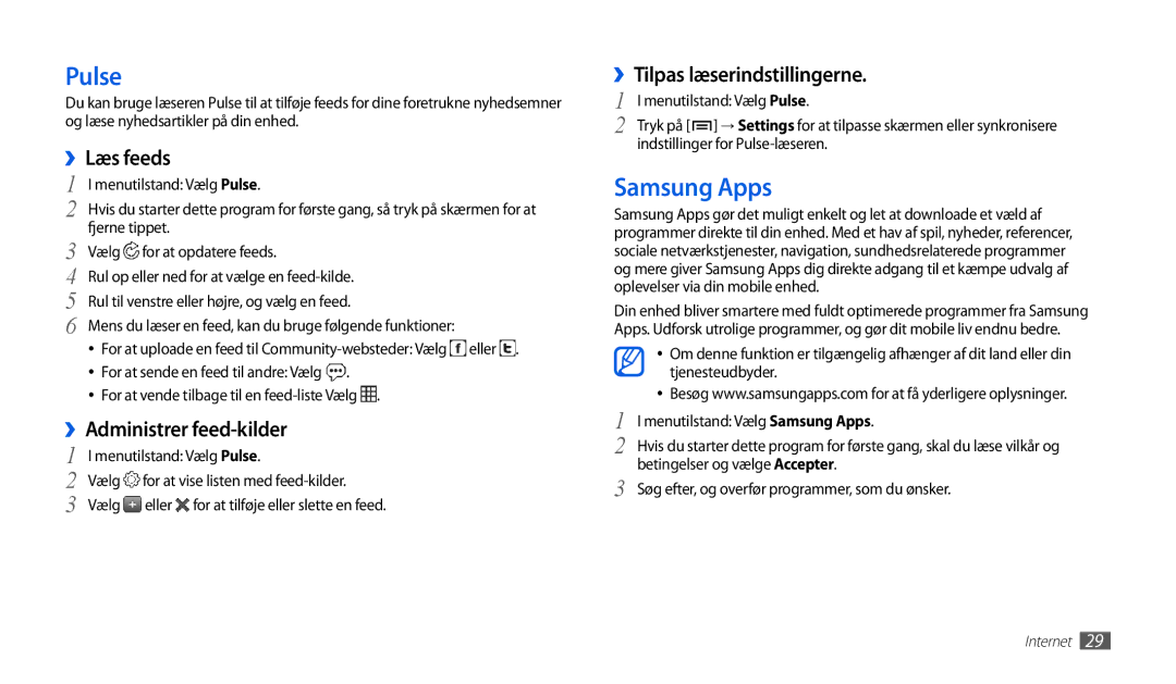 Samsung GT-P1000MSANEE manual Pulse, Samsung Apps, ››Læs feeds, ››Administrer feed-kilder, ››Tilpas læserindstillingerne 