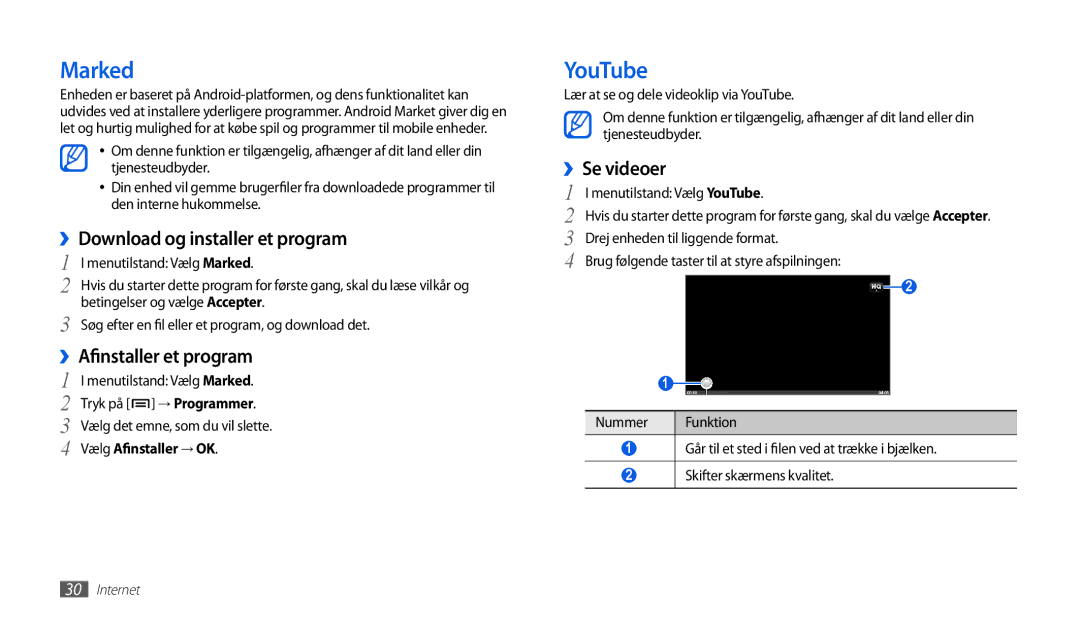 Samsung GT-P1000CWANEE manual Marked, YouTube, ››Download og installer et program, ››Afinstaller et program, ››Se videoer 