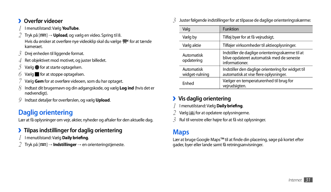 Samsung GT-P1000MSANEE manual Daglig orientering, Maps, ››Overfør videoer, ››Tilpas indstillinger for daglig orientering 