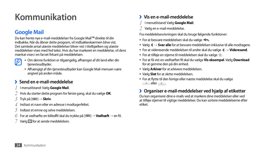 Samsung GT-P1000CWANEE, GT-P1000MSANEE Kommunikation, Google Mail, ››Send en e-mail-meddelelse, ››Vis en e-mail-meddelelse 