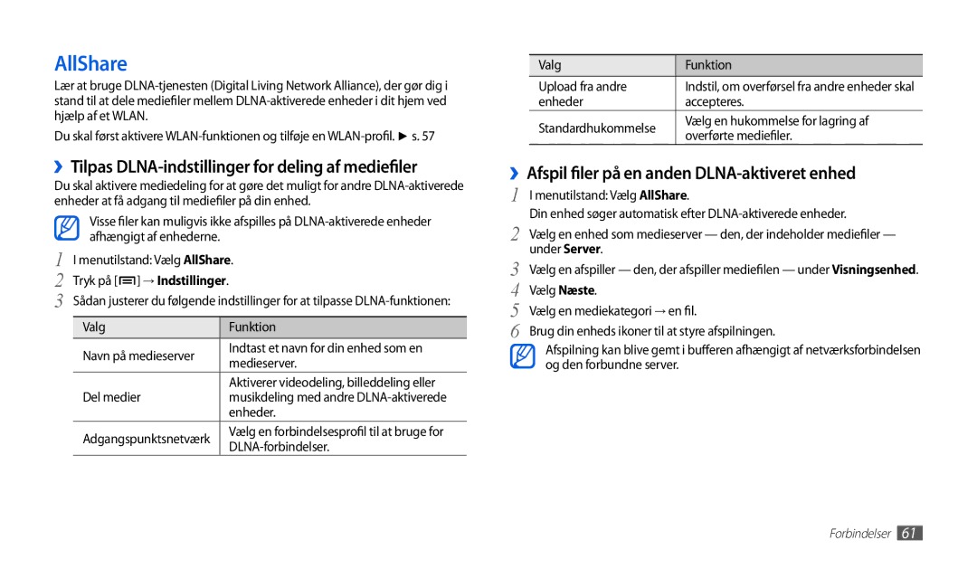 Samsung GT-P1000MSANEE, GT-P1000CWANEE manual AllShare, ››Afspil filer på en anden DLNA-aktiveret enhed 