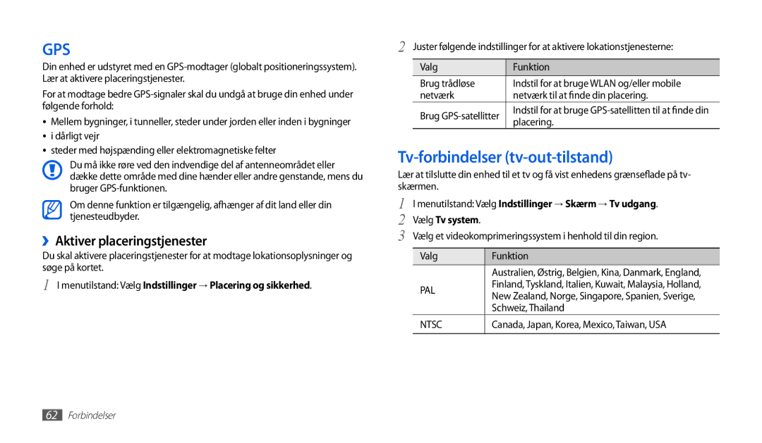 Samsung GT-P1000CWANEE, GT-P1000MSANEE manual Tv-forbindelser tv-out-tilstand, ››Aktiver placeringstjenester 