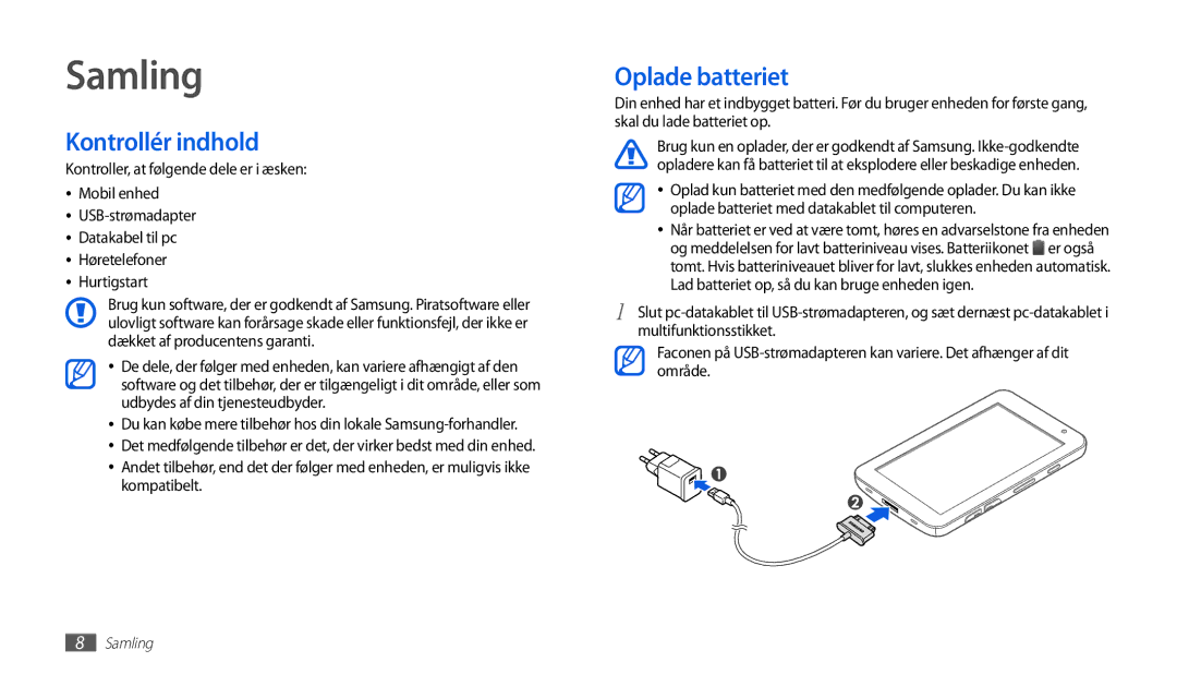 Samsung GT-P1000CWANEE, GT-P1000MSANEE manual Samling, Kontrollér indhold, Oplade batteriet 