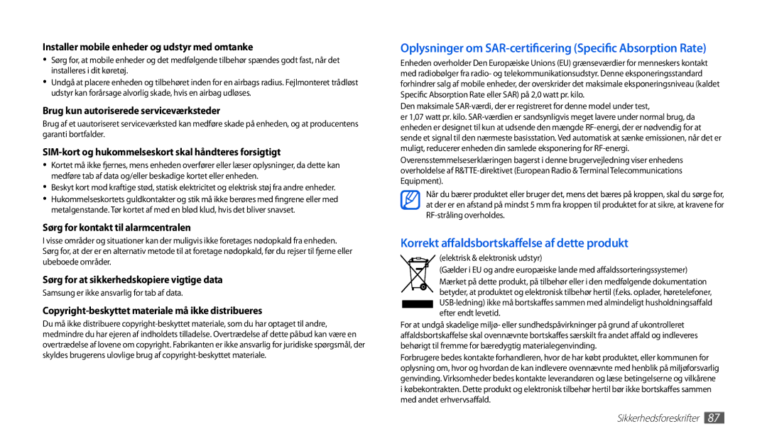 Samsung GT-P1000MSANEE, GT-P1000CWANEE manual Korrekt affaldsbortskaffelse af dette produkt 